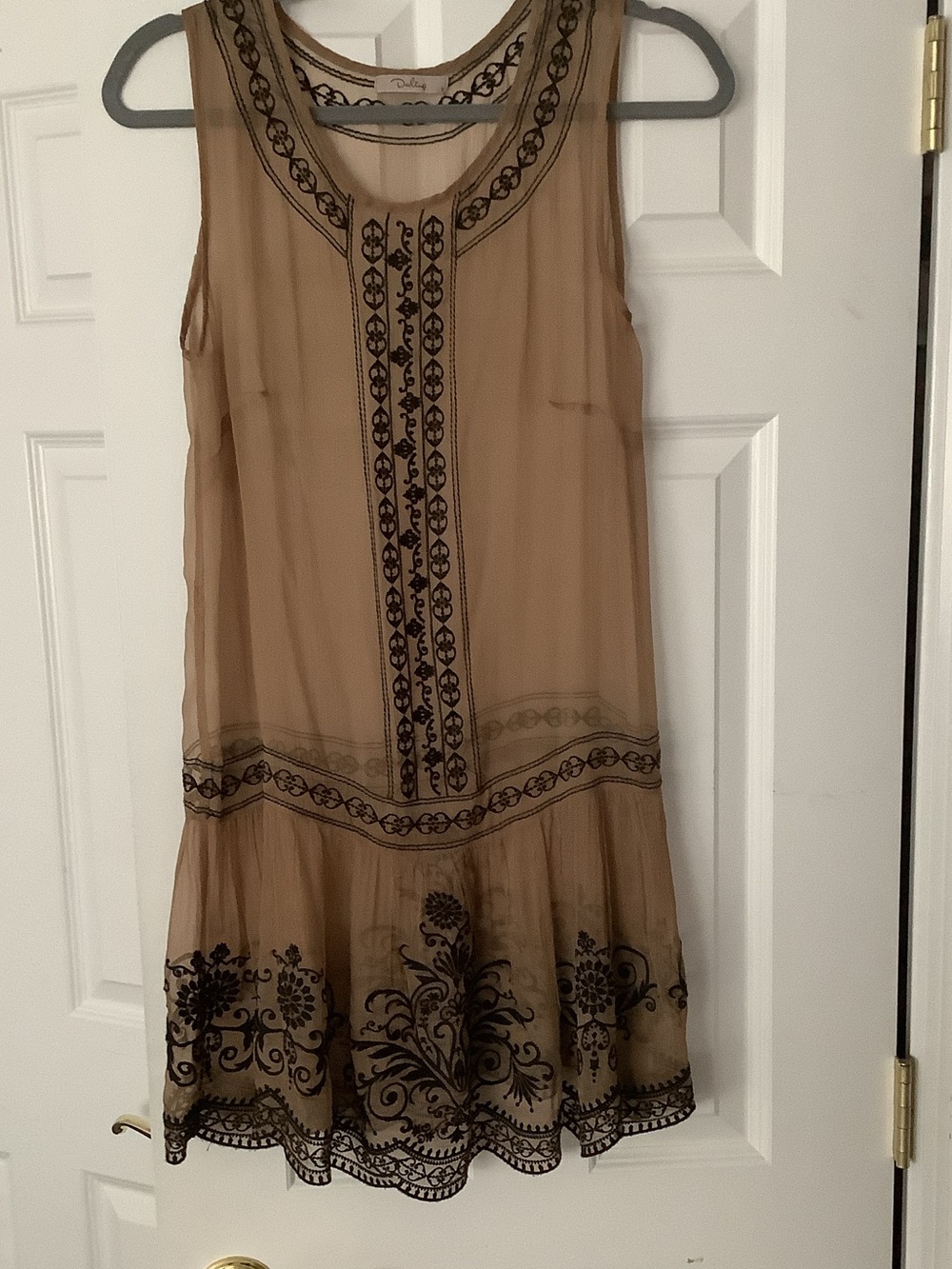 Darling Taupe Sheer Mini Dress with Black Embroidery